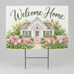 Welcome Home Tulip Yard Sign with a small house with tulips in front in pink and green with the words "Welcome Home"