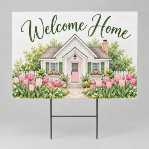 Welcome Home Tulip Yard Sign with a small house with tulips in front in pink and green with the words "Welcome Home"