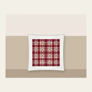 Burgundy Tartan with Leaf Sprigs Pillow in white: Burgundy and cream tartan with small leaf sprigs at the intersections.