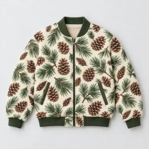 Pinecone Scatter Fleece Bomber with all-over scattered pine cones and needles in brown and green