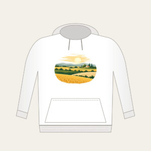 Farm Field Strips Under a Low Sun Hoodie in white: Horizontal strips of gold, green and sand lie under a low pale sun.