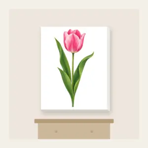 Single Pink Tulip with Long Leaves Canvas Print in white: A single tall tulip with long leaves in pink and green.