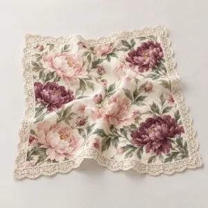 Peony Lace All-Over Handkerchief with all-over peony blooms and leaves in blush, plum and sage on cream with a lace-look border