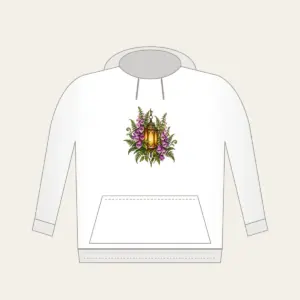 Lantern Among Foxgloves and Ferns Hoodie in white: A suspended lantern glows amber among violet foxgloves and green fern leaves on a pale stone ground.