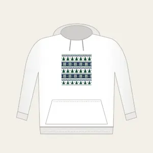 Fair-Isle Bands of Pines and Stars Hoodie in white: Fair-isle bands of pines and stars in cream, forest green and navy repeat all over.