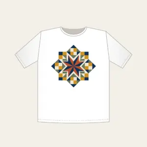 Star Medallion Patchwork T-Shirt in white: An eight-point star medallion in navy, cream and rust with mustard and sage patchwork squares.