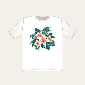 Plumeria and Palm Leaves on Deep Teal T-Shirt in white: White and coral plumeria blossoms and palm leaves glow against a deep teal base.