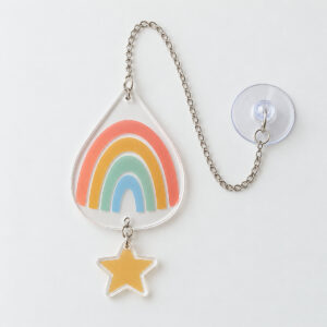 Rainbow Teardrop Window Ornament with a teardrop printed with a soft rainbow gradient in coral, gold, mint and sky blue, with a small star charm below