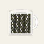 Staggered Olive Dashes on Charcoal Mug in white: Short olive and cream dashes in a staggered rhythm on charcoal.