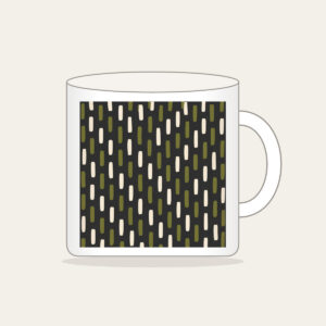 Staggered Olive Dashes on Charcoal Mug in white: Short olive and cream dashes in a staggered rhythm on charcoal.