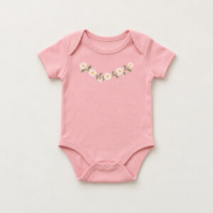 Pink Daisy Chain Baby Bodysuit with compact front chest panel print of a tiny daisy chain in white, yellow and green