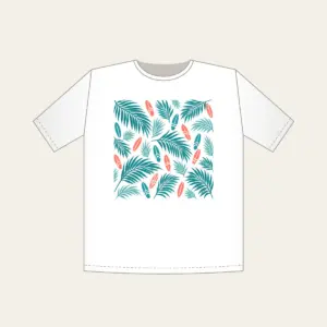 Palm Shadows and Tiny Surfboards T-Shirt in white: Palm-leaf shadows and tiny surfboards in teal and coral on cream.