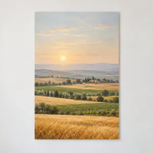 Sunrise Fields Satin Poster with quiet farm fields in horizontal strips of gold, green and sand under a low pale sun