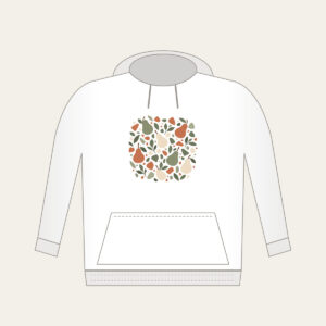 Pear and Pebble Terrazzo Garden Hoodie in white: All-over terrazzo of pears, leaves and pebbles in sage, terracotta and cream.