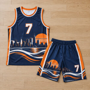Children's navy and orange basketball jersey and shorts set with skyline print