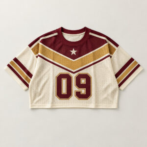 Pennant Run All-Over Crop Football Jersey with pennant-shaped stripes across the chest in maroon, gold and cream with a small star and the number "09"