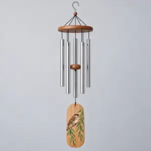 Sparrow and Willow Wind Chime with a round wood top printed with a sparrow on a willow branch in warm brown and green, metal tubes hanging below