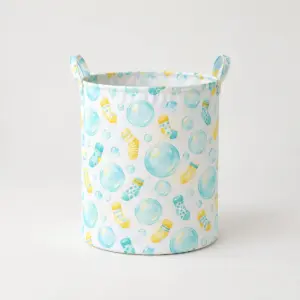 Bubble and Sock Laundry Basket with soap bubbles and tiny socks in aqua and yellow on white, printed around the whole basket body