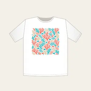 Coral Branch and Fish Scale Mosaic T-Shirt in white: An all-over mosaic of coral branches and small fish scales in coral, turquoise and sand.