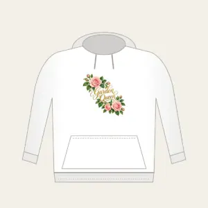 Garden Queen Rose Garland Hoodie in white: A diagonal garland of blush roses and green leaves carries the words “Garden Queen” in gold script.