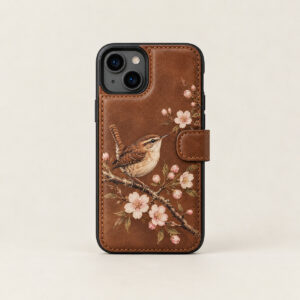Wren Branch Phone Card Case with a printed wren on a blossoming branch in brown, cream and soft pink on the card case