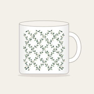 Forest Green Trellis with Tiny Leaves Mug in white: Trellis lines with small leaves in forest green, cream and sage repeat all over.