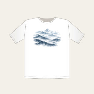 Misty Grey-Blue Ridgelines T-Shirt in white: Grey-blue ridges layer into fog across the artwork.