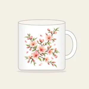 Peach Blossom Branches on Cream Mug in white: Peach blossoms and slender branches in peach, rose and pale green rest on a glossy cream ground.