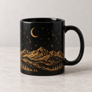 Night Atlas Ceramic Mug with flat golden-ochre ink print of a fine mountain ridgeline beneath a crescent moon and sparse star constellations