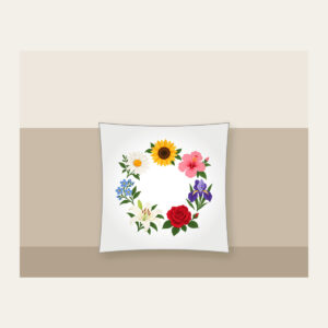 Weekly Seven Flower Border Pillow in white: A border of seven small, different flowers, one for each day, surrounds an open centre.