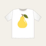 Butter Yellow Pear with Olive Leaf T-Shirt in white: A stylized butter-yellow pear with an olive leaf and a small cream highlight, drawn in a clean, rounded outline.