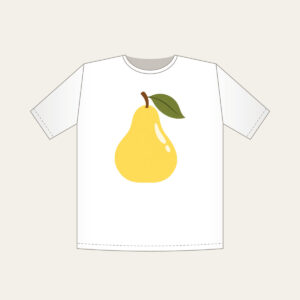 Butter Yellow Pear with Olive Leaf T-Shirt in white: A stylized butter-yellow pear with an olive leaf and a small cream highlight, drawn in a clean, rounded outline.