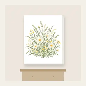 Meadow Grass and Daisy Field Canvas Print in white: A flat meadow of swaying grasses and small daisies in sage, cream and butter yellow.