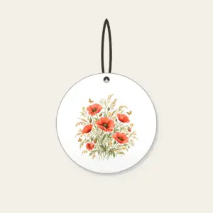 Poppies, Grasses and Tiny Butterflies Ceramic Ornament in white: All-over poppies, grasses and tiny butterflies in coral, gold and green on cream.