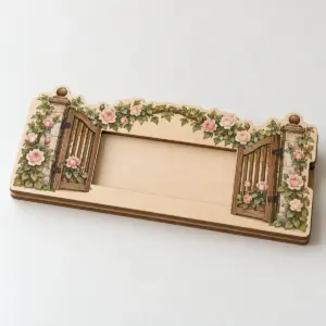Garden Gate Layered Money Holder with three stacked wood layers with a garden gate, climbing roses and a small slot for folded notes in brown, sage and blush