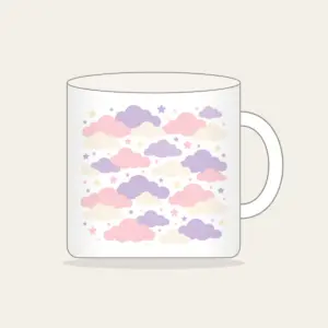 Lilac Cloud Rows Mug in white: Rows of clouds in lilac, blush and cream with small stars between.