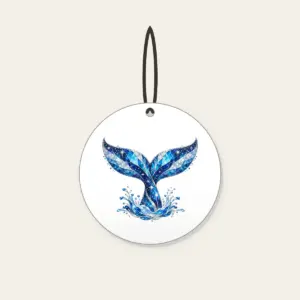 Whale Tail with Prismatic Shimmer Ceramic Ornament in white: A whale tail in blue and silver with tiny stars and a prismatic broken-glass shimmer.