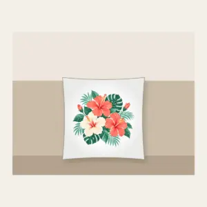 Hibiscus Sorbet Tropical Blooms Pillow in white: Hibiscus flowers and leaves in coral, mint and cream.