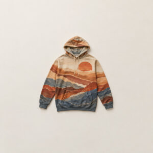 Sunrise Ridge Long Sleeve Hooded Tee with all-over layered ridges and a rising sun in terracotta, sand and slate
