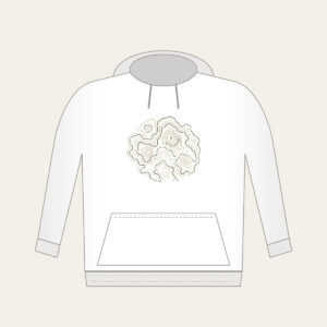 Moss Contour Map Hoodie in white: Topographic contour lines in moss, sand and cream with a tiny peak marker.