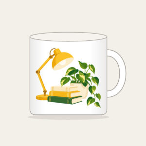 Lamplit Desk with Books and Fern Mug in white: A warm yellow desk lamp glows beside a stack of books and a potted plant in cream and green.