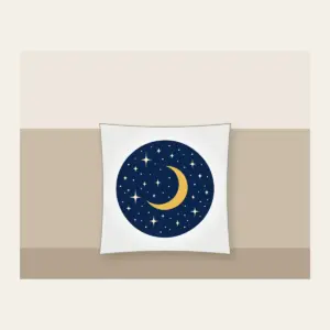 Midnight Stars and Golden Crescent Moon Pillow in white: A midnight-blue field with small cream stars and a gold crescent moon.