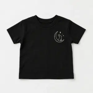 Moon Rabbit Toddler Tee with small chest print of a white line-art rabbit sitting on a crescent moon with three stars