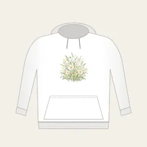 Meadow Grass and Daisy Field Hoodie in white: A flat meadow of swaying grasses and small daisies in sage, cream and butter yellow.