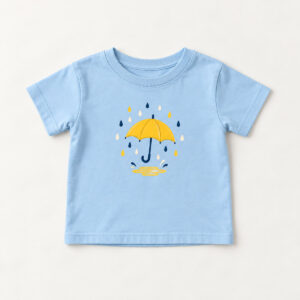 Light Blue Raindrop Toddler Tee with compact front chest panel print of a yellow umbrella with a ring of small raindrops and one puddle in yellow, navy and cream