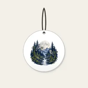 Moonlit Pine Forest with Owls Ceramic Ornament in white: A moonlit forest of pines and owls in navy, silver and moss beneath a large pale moon.