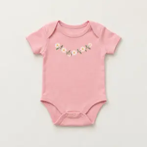 Pink Daisy Chain Baby Bodysuit with compact front chest panel print of a tiny daisy chain in white, yellow and green
