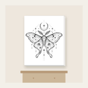 Moth, Stars and Crescent Moon Linework Canvas Print in white: A fine-line moth rests among tiny stars and a crescent moon in black.