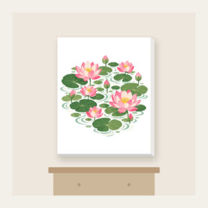 Lotus Blooms over Pond Ripples Canvas Print in white: Lotus blooms float above pond ripples in pink, green and cream.