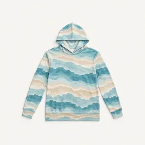 Tidal Stripe Hooded Tee with all-over layered tide stripes in sea-glass blue and sand with a scalloped edge line